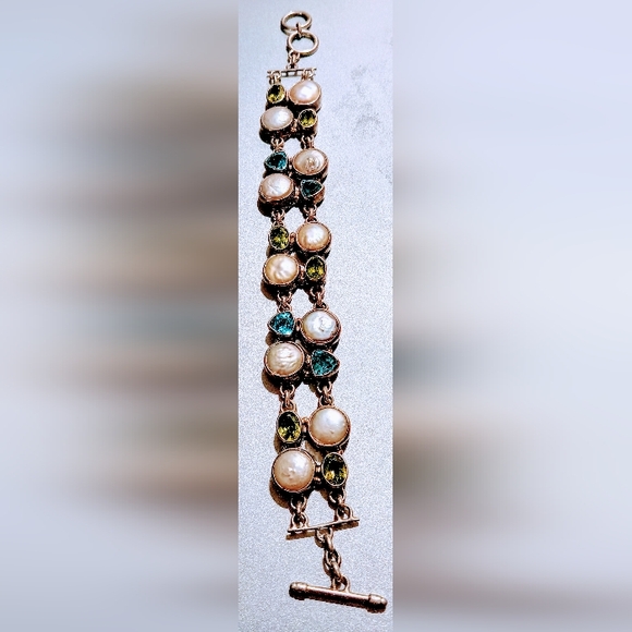 Vintage Sterling silver Three Stone Toggle design pattern Gemstone Bracelet. - Picture 2 of 15